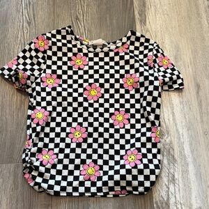 Dream Girl Kids Black & White Checkered Tee with Pink Smiley Flowers